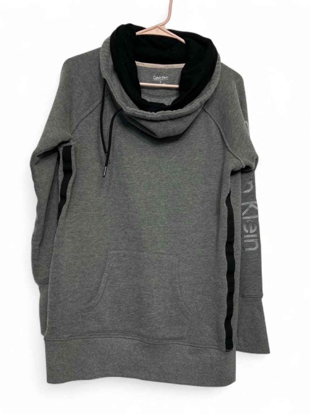 Calvin Klein Gray Cowl Neck Sweatshirt w Black Trim Pocket Thumb Holes Sz L EUC